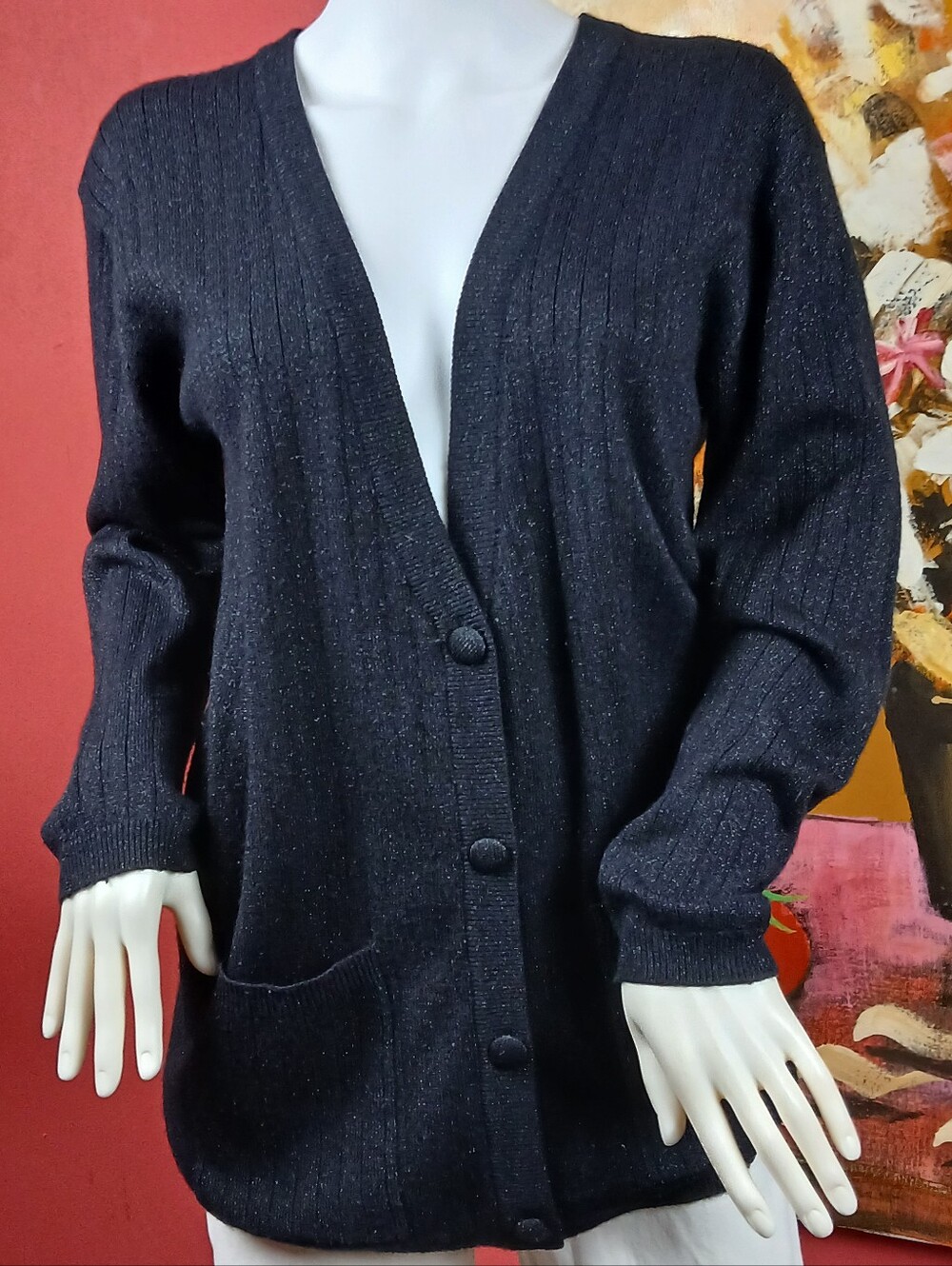 Sag Harbor Black Ribbed Button-Front Cardigan